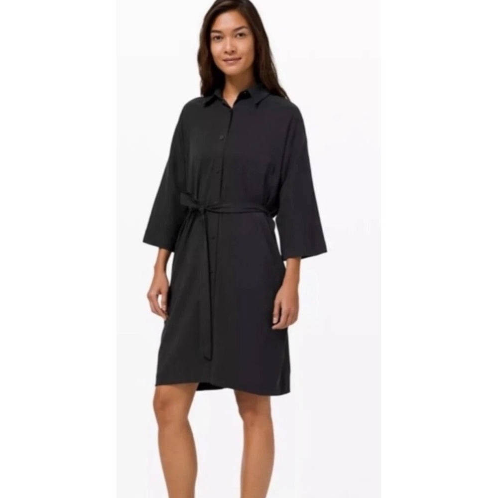 Lululemon Womens Perfectly Poised Belted Shirt Dress Size 4 Relaxed Fit Black